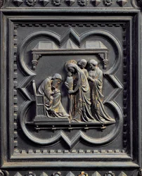 Zacarías Escribe el Nombre del Niño, quinto panel de las Puertas del Sur del Baptisterio de San Giovanni, 1336